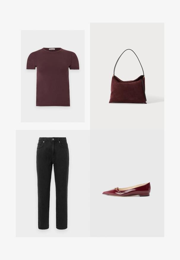 T-shirt met korte mouwen en ronde hals in donker bordeaux, gemaakt van zachte stof, met een klein merklabel aan de binnenkant van de kraag.; Zwarte denim jeans met een recht beenontwerp, standaard vijf-pocket styling en een knoopsluiting. Heeft subtiele stikdetails.; Bordeaux patent leren ballerina's met een puntige neus, voorzien van een klein uitsnijdetail en een lage hak. Glad textuur en een slank ontwerp.; Zachte kastanjebruine suède handtas met zwarte schouderriem en gouden hardware, weergegeven op een witte achtergrond.