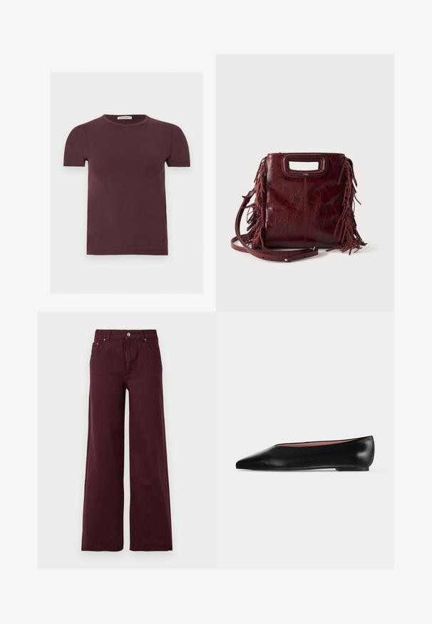 T-shirt met korte mouwen en ronde hals in donker bordeaux, gemaakt van zachte stof, met een klein merklabel aan de binnenkant van de kraag.; Bordeaux wijd-uitlopende jeans met een hoge taille, metalen knoopsluiting, voorzakken en een gladde, iets gestructureerde stof.; Zwarte leren damesschoen met platte zool, puntige neus en lage hak, zijwaarts afgebeeld tegen een effen lichtgrijze achtergrond.; Vierkante bordeaux leren handtas met uitgesneden handvat, zijfranjes en een verstelbare schouderriem op een effen achtergrond.