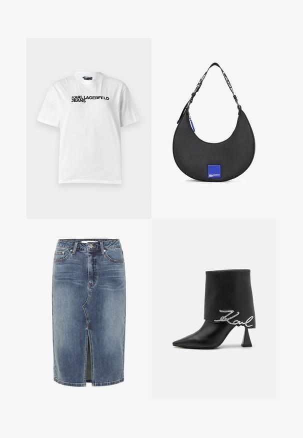 Valge puuvillane t-särk ümarate kaelustega, lühikeste varrukatega ja musta tekstiga, mis ütleb "KARL LAGERFELD JEANS", mis on prinditud rinna piirkonnas.; Sinine denimist põlvekõrgune seelik, millel on esiküljel keskel lõige, viie taskuga disain ja nupuga kinnitamine talje juures.; Mustast nahast pahkluu saabas tippkõrgusega plokkkanal, terava nina ja volditud ülapoolega, millel on hõbedane "Zaul" logo detail.; Must mustrist tõmbega must nahast õlakott, millel on sinine ruudukujuline logo aktsent ja kontrastne rihm tekstiga.