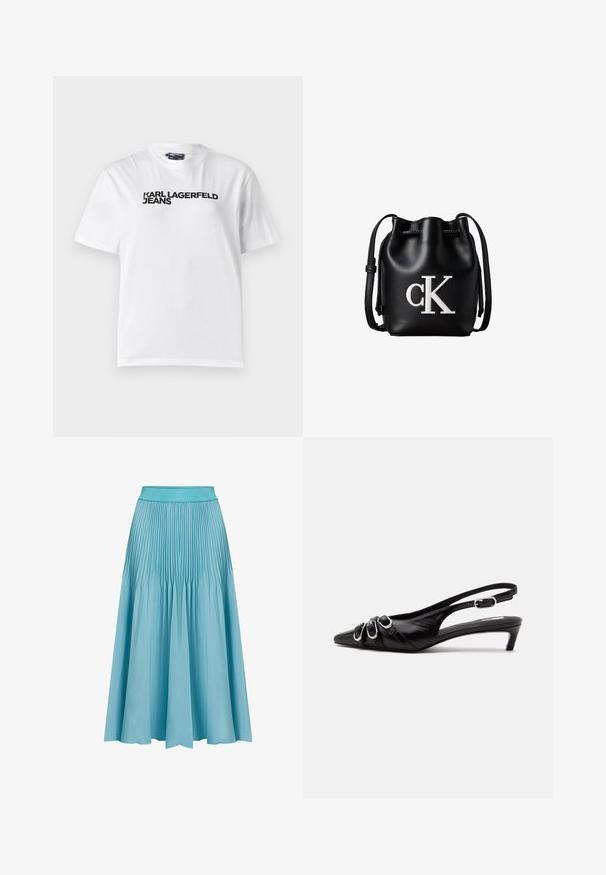 Biela bavlnená tričko s okrúhlym výstrihom, krátkymi rukávmi a čiernym potlačeným textom "KARL LAGERFELD JEANS" na prsiach.; Plisovaná midi sukňa v svetlom modrom odtieni. Má široký pás, splývavý tvar a vertikálne plisovanie, ktoré pridáva textúru a pohyb.; Čierna kožená slingback obuv so špicatou špičkou, tromi striebornými prackami vpredu a nízkym kitten podpätkom na bielom pozadí.; Čierna kožená bucket taška so sťahovacou šnúrkou na vrchu a bielym logom "cK" na prednej strane, vybavená nastaviteľným ramenným popruhom.