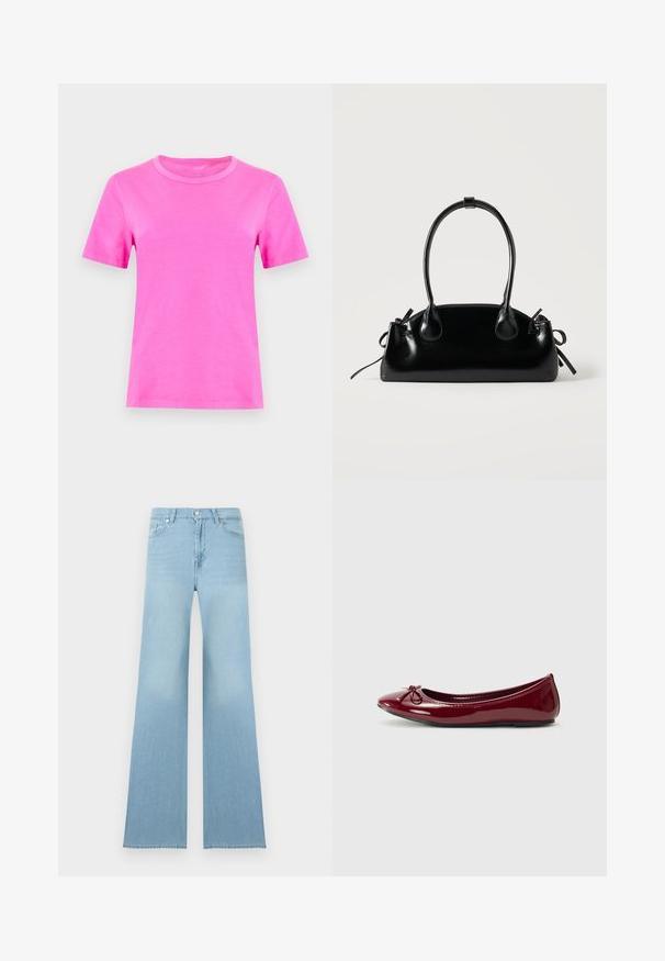 T-shirt rose vif à manches courtes et col rond, présenté de face sur un fond gris clair uni.; Jean en denim bleu clair taille haute avec jambes larges, fermeture avant à boutons et zip, et poches avant et arrière.; Ballerines en vernis bordeaux brillant, avec un bout arrondi et un petit nœud sur le devant. Texture lisse, petit talon.; Petit sac à main noir brillant avec deux longues anses et des détails à cordon sur les côtés sur un fond clair uni.