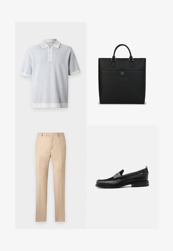 Polo gris claro con un patrón texturizado, mangas cortas y un cuello y dobladillo blancos en contraste. Cuenta con una tapeta de tres botones en el frente.; Pantalones beige ajustados con una textura suave, frente plano y piernas rectas. Presentan trabillas para el cinturón y una cremallera oculta.; Mocasín de cuero negro con detalle de tira gris, tacón bajo y suela texturizada, con la marca "HUGO" en oro en el lateral.; Bolso tote de cuero negro con forma rectangular estructurada, asas dobles en la parte superior, detalles en plata y un bolsillo frontal con un logo.