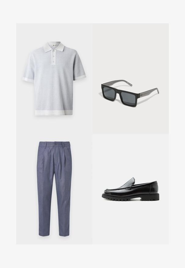Polo gris claro con un patrón texturizado, mangas cortas y un cuello y dobladillo blancos en contraste. Cuenta con una tapeta de tres botones en el frente.; Pantalones tejidos azul con un corte ajustado, que presentan pliegues delanteros, un cierre de botón y una textura suave. Largo recortado con piernas rectas.; Mocasín de cuero negro con suela de goma gruesa, empeine cosido y nombre de la marca en relieve en el talón, mostrado en perfil lateral sobre fondo blanco.; HUGO Gafas de sol - black