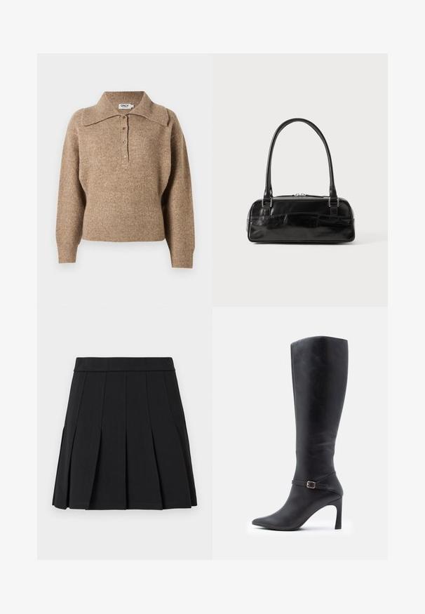 Brun sweater med krave, ribbede manchetter og kant. Har en knaplukning foran og en blød tekstur.; Sort plisseret nederdel lavet af et glat materiale. Har en bred linning og flere knivfolder, der går lodret.; Sort læderknæhøj støvle med spids tå, stilettohæl og en dekorativ ankelrem med en guldbeslag.; Sort læderhåndtaske med rektangulær form, der har et enkelt struktureret håndtag, sølvhardware og lynlås-lukning. Glat tekstur.