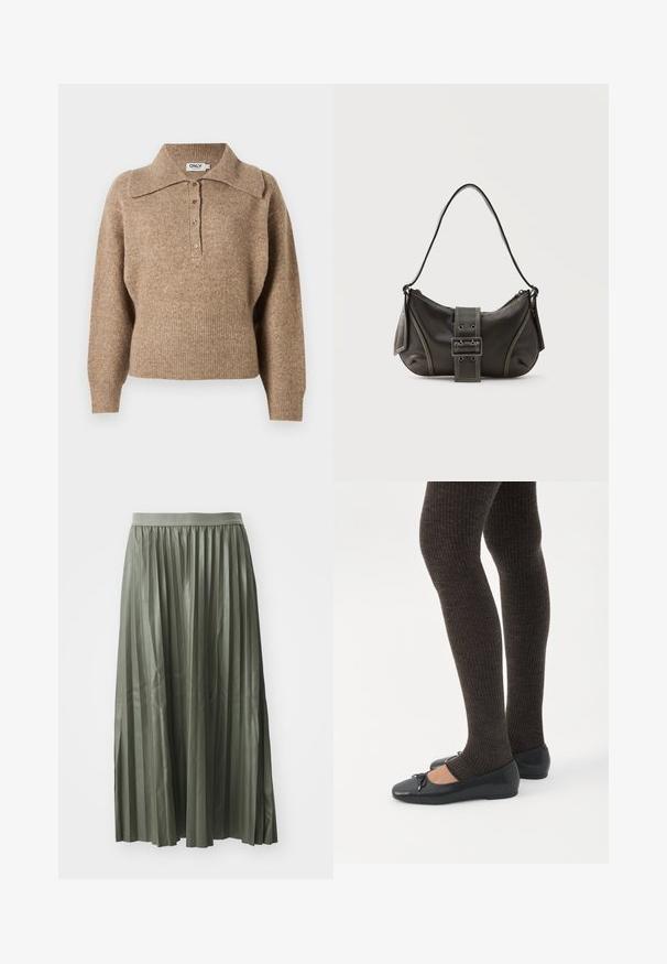 Brun sweater med krave, ribbede manchetter og kant. Har en knaplukning foran og en blød tekstur.; Plisseret midi-nederdel i dæmpet grøn, lavet af glat stof. Har en elastisk talje og falder til midt på læggen med jævnt fordelte lodrette plisseringer.; Ben iført mørke ribbede leggings kombineret med sorte balletsko med små sløjfedetaljer på hvid baggrund.; Sort læder skuldertaske med spænde på remmen, afrundede kanter og kontrasterende hvide syninger på en ensfarvet baggrund.