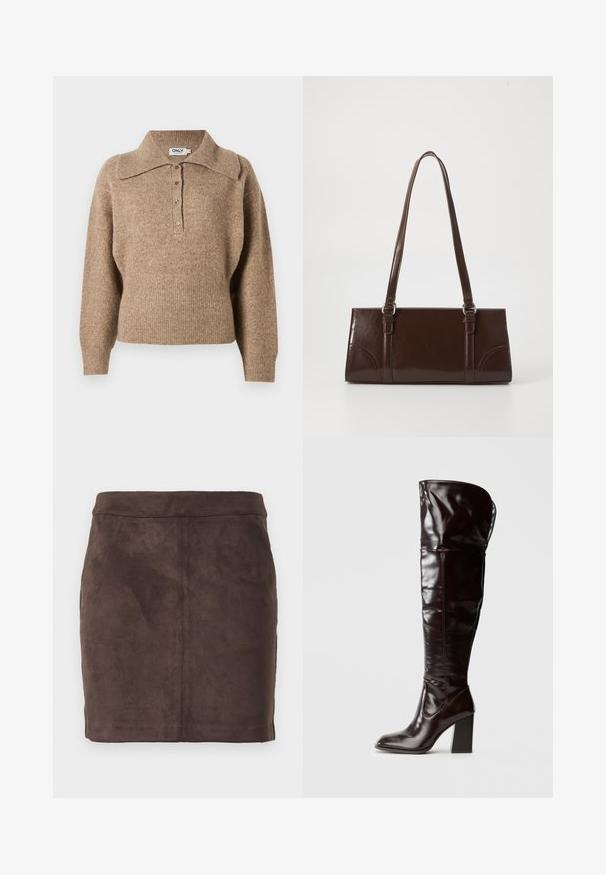 Pull marron avec un col, des poignets côtelés et un ourlet. Il présente un devant boutonné et une texture douce.; Jupe mini en daim marron avec une texture lisse, un design effilé et une taille plate, comprenant des coutures verticales pour la structure.; Bottes en cuir bordeaux glacé montant jusqu'au genou, avec un bout carré et un talon bloc, présentant un design ample et des détails de couture minimalistes.; Sac à main en cuir verni marron de forme rectangulaire, avec deux longues poignées et des accents courbés subtils à l'avant.