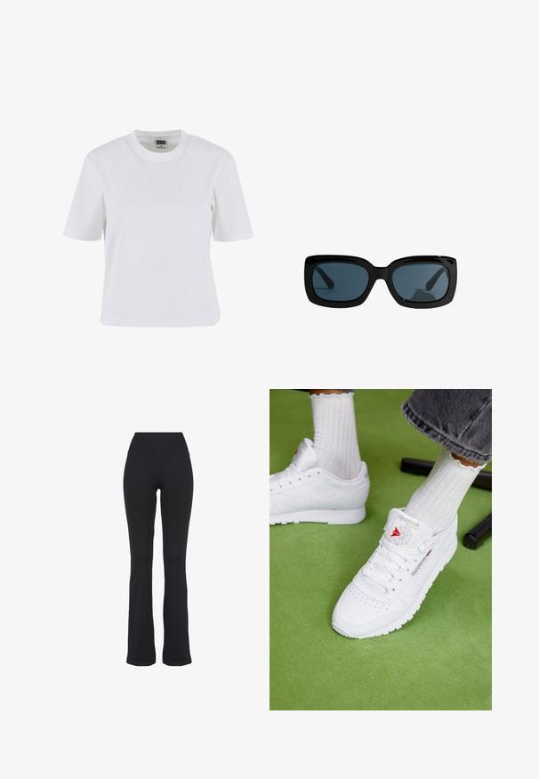 Camiseta blanca de manga corta hecha de algodón, con cuello redondo, corte relajado y textura suave con detalles de costura mínimos.; Pantalones de yoga negros de talle alto y ajustados con piernas acampanadas, presentados sobre un fondo blanco.; Zapatilla sintética blanca con puntera perforada, branding de Reebok y logotipo distintivo. Llevada con calcetines blancos de canalé sobre una superficie verde.; Gafas de sol rectangulares negras con monturas gruesas y lentes tintadas oscuras.