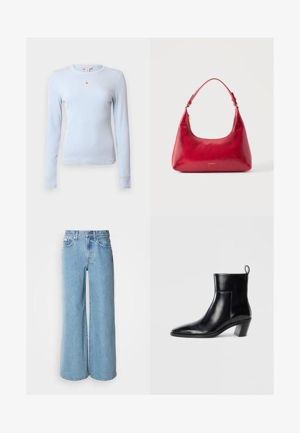 Lyseblå langærmet T-shirt lavet af ribstrikket stof. Har rund halsudskæring og et lille rødt CK-logo på brystet.; Lyseblå brede jeans lavet af denim, med høj talje, fem-lomme design og subtil falming langs stoffet.; Sort læder ankelstøvle med spids tå, geometrisk stablet hæl og en løftestrop bagpå. Glat tekstur og slankt design.; Rød læder skuldertaske med guld lynlås og justerbar rem, Calvin Klein-logo centreret foran.