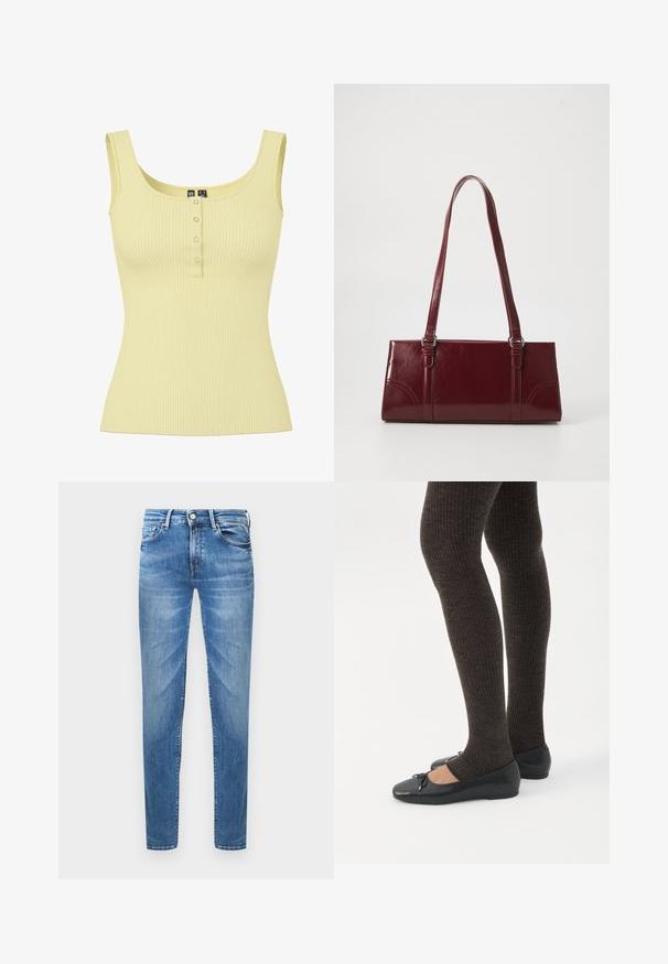 Ærmeløs, ribstrikket, lys gul top med firkantet halsudskæring og fire små trykknapper foran.; Lyseblå denimjeans med slim fit. Funktioner inkluderer en knaplukning, fem lommer og en slidseffekt på lårene.; Ben iført mørke ribbede leggings kombineret med sorte balletsko med små sløjfedetaljer på hvid baggrund.; Bordeaux håndtaske lavet af glansfuldt materiale, rektangulær form, med to skulderremme og subtile buede detaljer på forsiden.