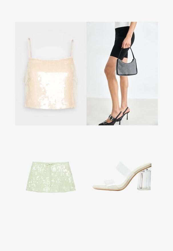 Beige crop top dengan tali tipis, menampilkan tekstur berpayet yang memantulkan cahaya, menciptakan efek berkilau di seluruh permukaan.; Vaaleanvihreä paljetein koristeltu minihame, jossa on kiristysnyöri vyötäröllä, esillä valkoisella taustalla.; Sandaalit, joissa on läpinäkyvät hihnat, beige jalkapohja ja paksu läpinäkyvä korko. Suora ja sileä muotoilu, minimalistinen estetiikka.; Mustakoruista käsilaukkua, jossa on kaareva siluetti, kantokahva ja kiiltävä pinta. Yhdistettynä korkeakorkoisiin mustiin kenkiin ja napakoihin mustiin shortseihin.
