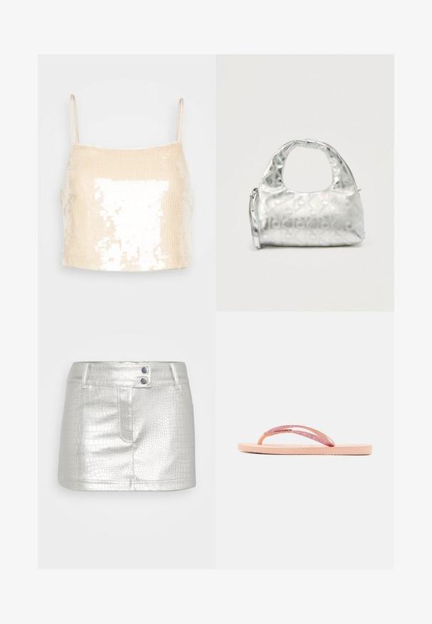 Béžový crop top s tenkými ramienkami, ktorý má flitrovú textúru odrážajúcu svetlo a vytvárajúcu trblietavý efekt na povrchu.; Strieborná sukňa z umelého kože s textúrovaným vzorom krokodíla, s dvomi modrými gombíkovými akcentmi a priliehavým strihom.; Ružové šľapky s trblietavým remienkom, textúrovanou gumovou podrážkou a jednoduchým plochým dizajnom. Akcenty zahŕňajú lesklý spojovací diel.; Strieborná kabelka s textúrovaným vzorom geometrických tvarov a kruhov, s zaoblenou rukoväťou a odnímateľným popruhom.