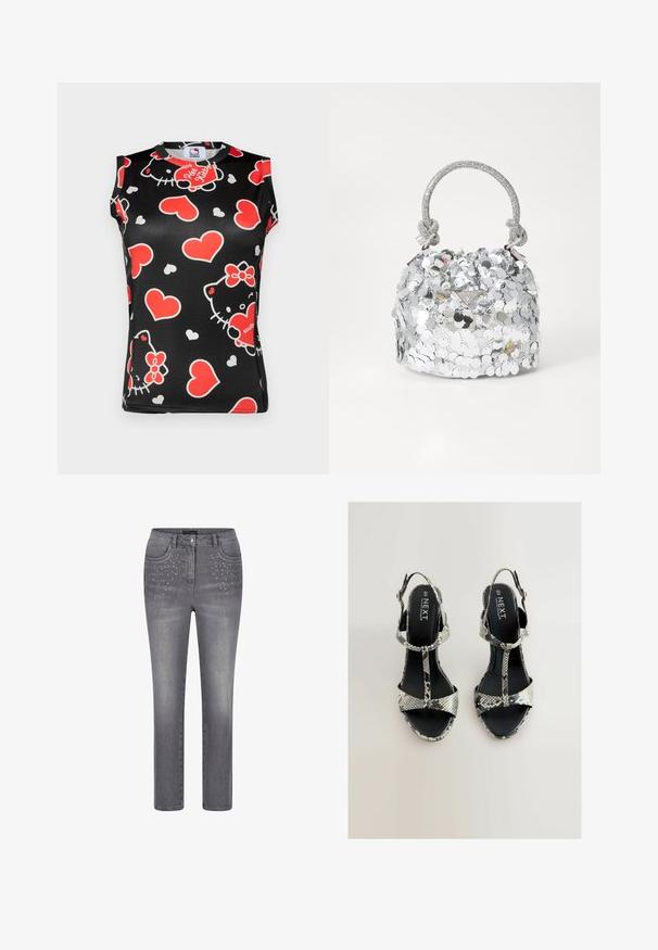 Schwarzes ärmelloses Top mit einem bunten Muster aus Hello Kitty-Gesichtern und roten Herzen. Hergestellt aus glattem Stoff mit einem runden Ausschnitt.; Graue gerade geschnittene Jeans mit Fronttaschen, die mit kleinen silbernen Nieten verziert sind, Knopfverschluss und Gürtelschlaufen.; Schwarz-weiße Sandalen mit Schlangenoptik, T-Riemen-Design, verstellbarem Knöchelriemen und flachen Sohlen. Glatte Textur und minimale Beschläge.; Runde silberne Handtasche, die mit reflektierenden Pailletten bedeckt ist, mit einem geflochtenen Griff und einem kleinen Logo auf der Vorderseite. Insgesamt glatte Textur.