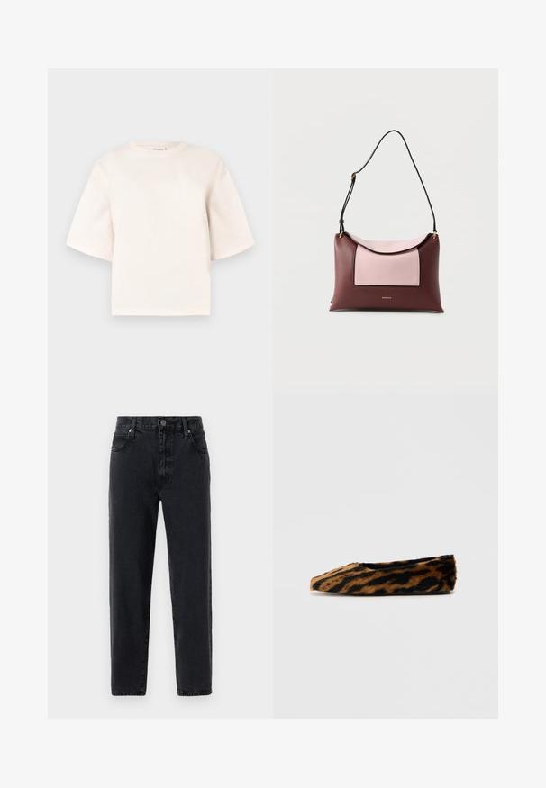 Kortærmet beige bomulds T-shirt med rund halsudskæring og oversize pasform. Glat tekstur uden mønstre eller hardware-detaljer.; Sorte denimbukser med lige ben, der har fem lommer, knaplukning og synlige stikninger.; Faux fur balletflade med et brunt og sort stribet mønster, rund tå og flad sål. Blød tekstur og elegant design.; Rektangulær skuldertaske i læder i burgundy med en lys pink frontlomme og justerbar sort rem.