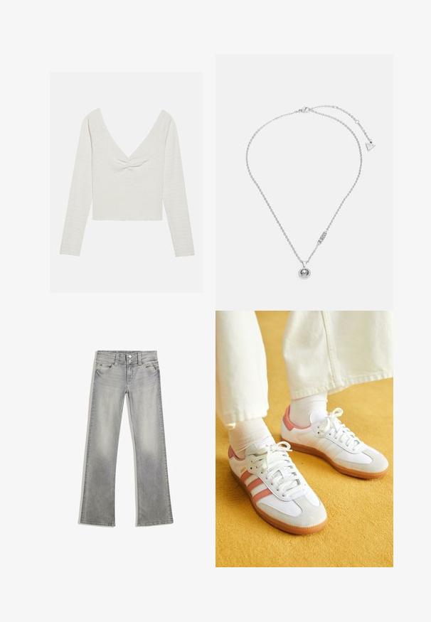 Langarm, off-white bovenstuk met een diepe V-hals en een geknoopte detail aan de voorkant, met een текстuurlijke stof en een cropped zoom.; Grijze denim flared jeans met een vervaagde afwerking, voorzien van een knoopsluiting, vijf zakken en gestikte details langs de tailleband en zoom.; Witte sportschoenen met roze accenten, gemaakt van suede en leer, met een ronde neus en een rubberen zool, weergegeven met lichtgekleurde sokken op een gele achtergrond.; Zilveren ketting met een ronde hanger waarin een centrale steen is verwerkt, versierd met een ronde rand. Inclusief een klein logo-tag aan de sluiting.
