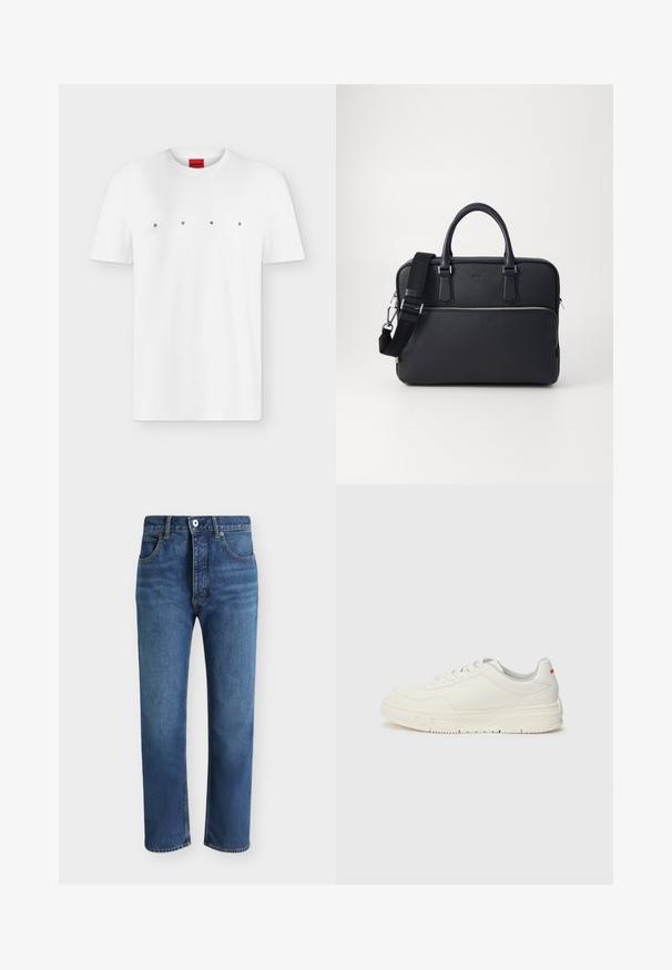 Hvid t-shirt med korte ærmer og rund halsudskæring med sorte bogstaver fordelt med mellemrum, der staver HUGO hen over brystet, og en rød mærkat inde i kraven.; Straight-leg blå denim jeans med for-trykknap og lynlås lukning, forlommer og bæltestropper på en ensfarvet baggrund.; Hvide sneakers med en glat læderoverdel, rund tå, flade snørebånd og en struktureret gummisål. Der er en rød detalje på hælen.; Sort læder aktetaske med struktureret overflade, dobbelt topstænger, justerbar skulderrem og sølvfarvet lynlåsdetalje foran.