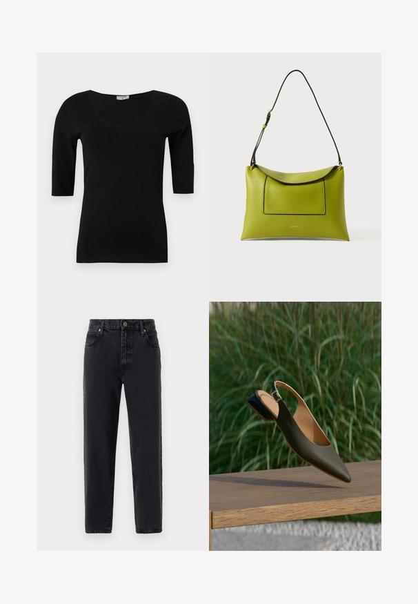 Sort tætsiddende top med rund halsudskæring og albuelange ærmer, vist på hvid baggrund.; Sorte denimbukser med lige ben, der har fem lommer, knaplukning og synlige stikninger.; Sort læder slingback flad sko med spids tå og lille hæl, svævende over en træbænk mod en baggrund af grøn græs.; Grøn tekstureret læderhåndtaske med sort rem, der har en klaplukning og en frontlomme. Guldhardwaredetaljer og minimalistisk design.