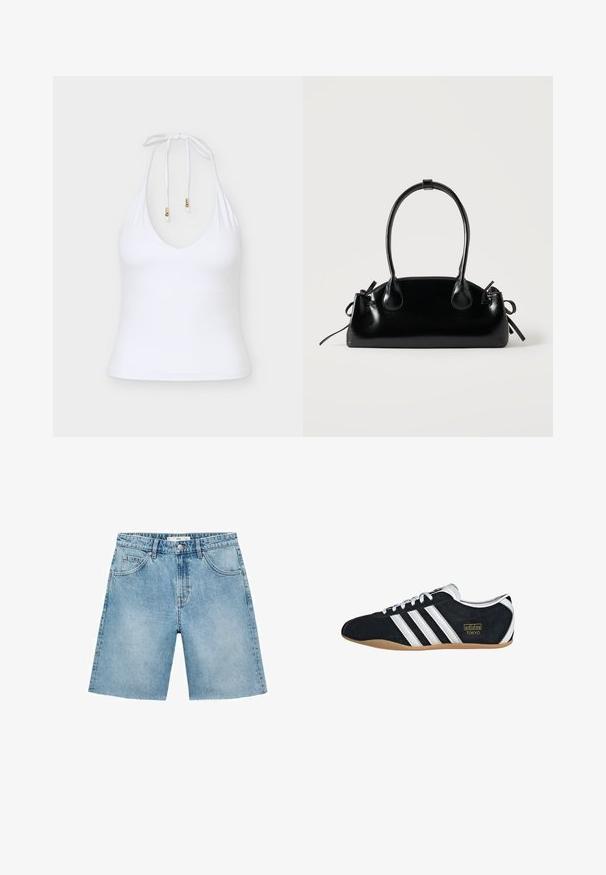 Hvid halterneck-ærmeløs top med dyb V-udskæring og justerbare nakkestropper med guldtippede ender mod en ensfarvet baggrund.; Lyseblå denimshorts med lige snit, fem lommer, frontlukning med knap og flosset kantdetalje. Klassisk denimtekstur.; Sort ruskinds sneaker med hvide tre striber, guldlogo og en brun gummisål. Har et lavprofil snørebåndsdesign.; Lille sort blank håndtaske med to lange håndtag og snøre-detaljer i siden på en ensfarvet lys baggrund.