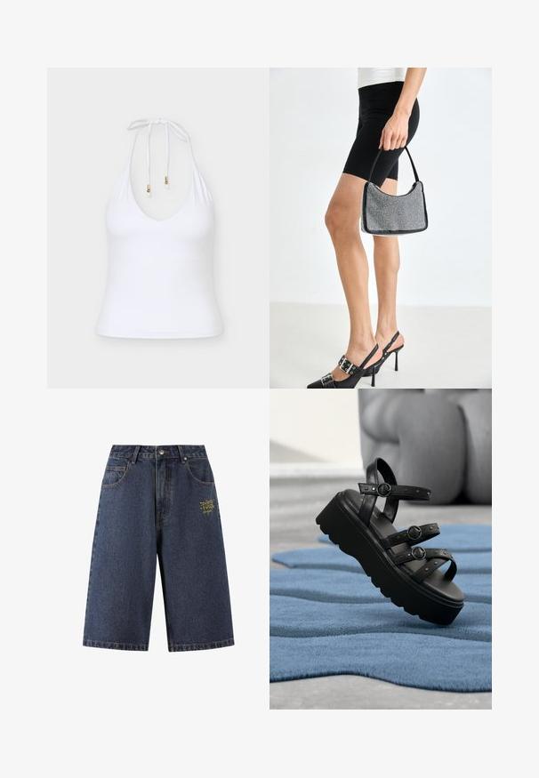 Top blanco sin mangas con cuello halter, escote en V profundo y lazos ajustables en el cuello con puntas doradas sobre un fondo liso.; Shorts de mezclilla en azul oscuro, con un corte holgado, cinco bolsillos, texto bordado en dorado en la parte frontal y costuras en contraste a lo largo de las costuras.; Sandalia de plataforma negra con tres correas ajustables con hebillas, colocada sobre una alfombra azul texturizada con fondo desenfocado.; Bolso de cuentas negras con una silueta curva, asa de transporte y textura brillante. Llevado con zapatos de tacón altos negros y pantalones cortos negros ajustados.