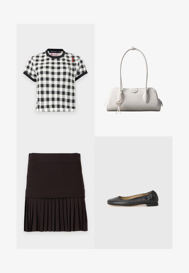 Chemise à manches courtes à carreaux noir et blanc avec col et poignets noirs, ornée de deux petites écussons en forme de cœur rouge sur la partie supérieure droite de la poitrine.; Jupe noire avec une large ceinture et une partie inférieure plissée, étalée à plat sur un fond blanc.; Ballerines en cuir noir avec un bout arrondi et des coutures minimales. Talon bas et rectangulaire avec une texture lisse. Détails subtils de doublure intérieure.; Sac à bandoulière blanc Calvin Klein avec longues poignées, forme rectangulaire, fermeture éclair et charm logo décoratif suspendu près de la poignée.