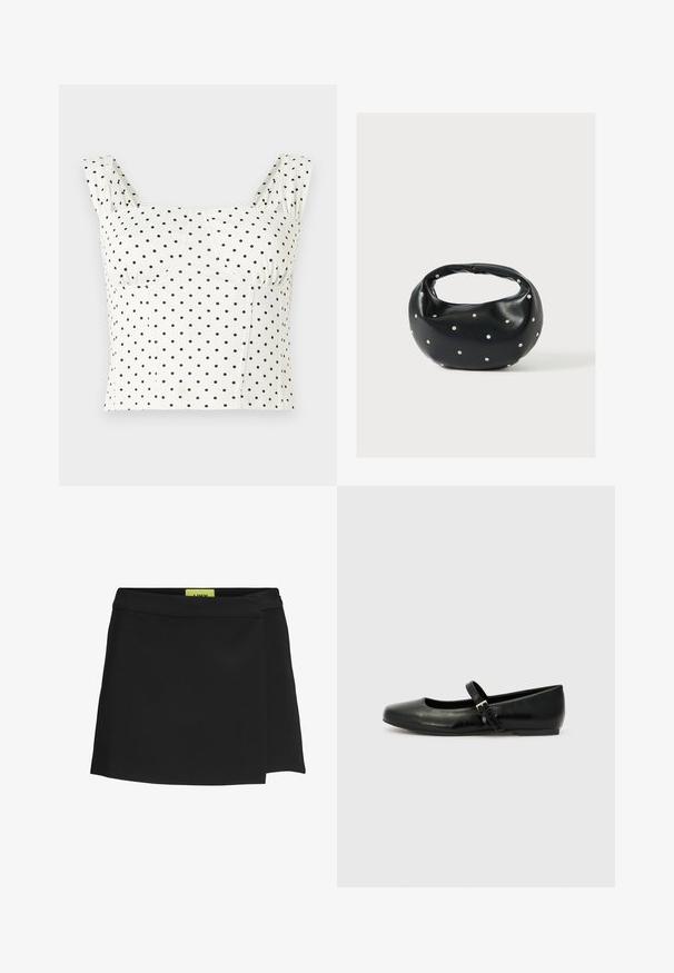 Witte cropped tanktop met brede bandjes en zwart polkadotpatroon, voorzien van een sweetheart-halslijn en gestructureerde naden op de buste.; Zwarte wikkelrok van gladde stof, met een hoge taille en een zijschuif. Label is zichtbaar in een contrasterende felgele kleur.; Zwarte leren balletschoenen met een ronde neus, een platte zool en een dunne verstelbare band over de wreef met een metalen gesp.; Zwarte leren handtas met een afgeronde vorm, versierd met zilveren studs, en een korte handgreep. Gladde textuur en ritsluiting.