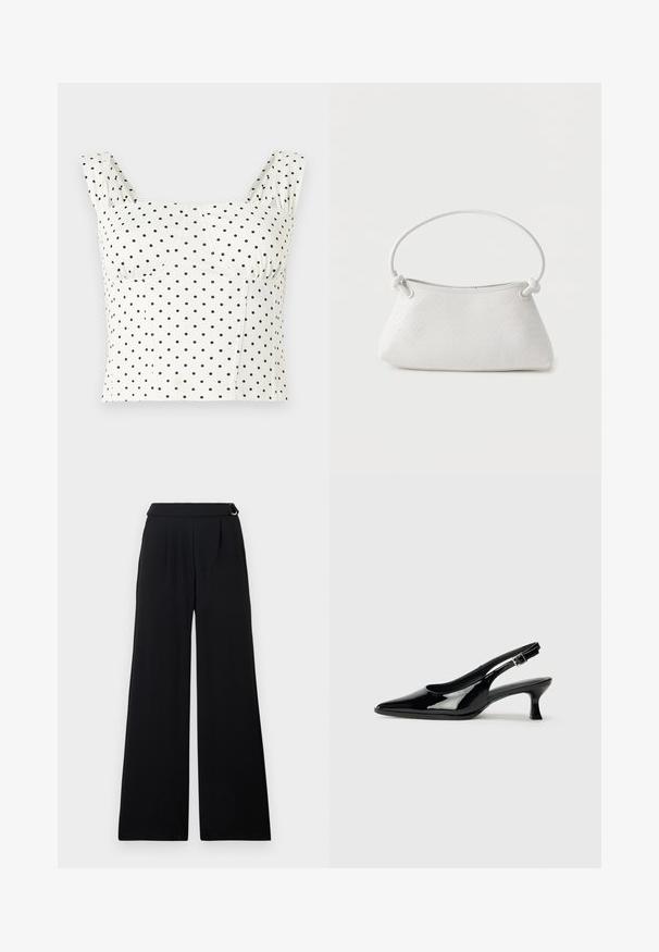 Witte cropped tanktop met brede bandjes en zwart polkadotpatroon, voorzien van een sweetheart-halslijn en gestructureerde naden op de buste.; Zwarte broek met brede pijpen, hoge taille, plooien aan de voorkant en een gespdetail aan de zijkant van de tailleband.; Zwarte lakleren slingback schoenen met een spitse neus en een lage blokhak. Verstelbare gespband bij de enkel.; Witte handtas van gevlochten leer met een afgeronde handgreep en uiteinden van de band die geknoopt zijn, afgebeeld tegen een effen achtergrond.