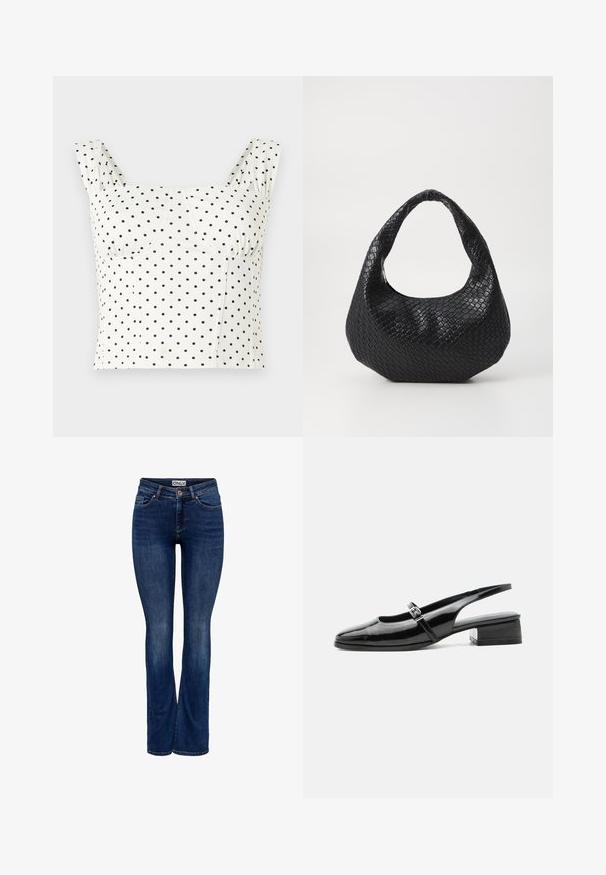 Weißes, kurzes Tanktop mit breiten Trägern und schwarzem Polka-Dot-Muster, mit einem herzförmigen Ausschnitt und strukturierten Nähten am Bustier.; Dunkelblaue Jeans aus Denim mit leichter Verblendung, Fünf-Taschen-Design, Knopfverschluss und Bootcut-Beinstil, mit dem Etikett "ONLY" am Bund.; Schwarzer Slingback-Schuh aus Lackleder mit niedrigem Blockabsatz und dünnem Riemen mit silberner Schnalle oben.; Schwarze gewebte Handtasche mit einem gebogenen Griff, die eine strukturierte Oberfläche und eine lässige Form hat. Glatte Oberfläche mit einer organischen Silhouette.
