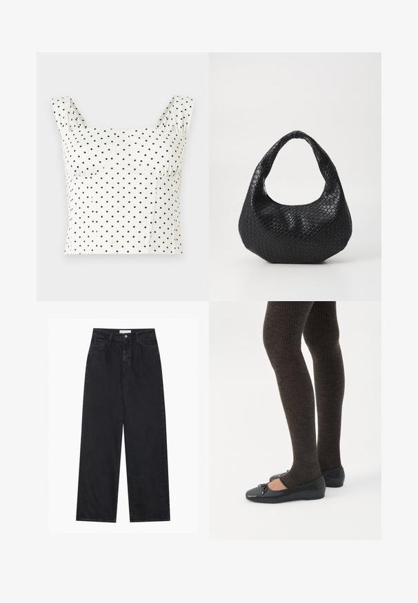 Weißes, kurzes Tanktop mit breiten Trägern und schwarzem Polka-Dot-Muster, mit einem herzförmigen Ausschnitt und strukturierten Nähten am Bustier.; Schwarze hoch geschnittene, weit geschnittene Jeans aus Denim mit Vorderknopf- und Reißverschluss, Gürtelschlaufen und fünf Taschen.; Beine in dunklen, gerippten Leggings kombiniert mit schwarzen Ballerinas mit kleinen Schleifendetails auf weißem Hintergrund.; Schwarze gewebte Handtasche mit einem gebogenen Griff, die eine strukturierte Oberfläche und eine lässige Form hat. Glatte Oberfläche mit einer organischen Silhouette.