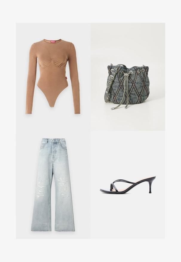 Brun langærmet bodystocking med rund halsudskæring og samlet buste-design. Fremstillet af glat stof, har en thong-bund og lille logo-tag.; Lys blå, højtaljede bukser med vide ben og slidte lapper på forreste lår i femlomme-stil mod en ensfarvet hvid baggrund.; Sort laklædersandal med hæl, tynde krydsede remme og en slank mellemhøj stilethæl på en hvid baggrund.; Denim spandabeltaske med diamant quiltet mønster, grå snøring, sølv hardware detaljer og blød tekstur, med en aftagelig rem.