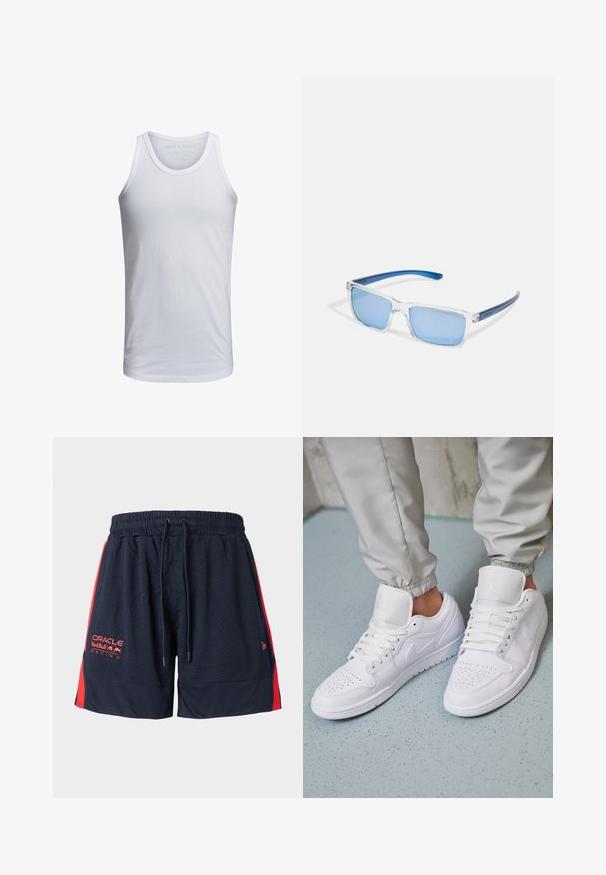 Weißes Baumwoll-Tanktop mit Rundhalsausschnitt, breiten Trägern und minimalem Branding, das innen am Kragen aufgedruckt ist. Weicher Stoff, lässige Passform.; Marineblaues Mesh-Shorts mit roten Seitenpanelen. Mit elastischem Bund und Kordelzug. Enthält gesticktes Logo am linken Oberschenkel.; Weiße Ledersneaker mit perforierter Zehenbox, flachen Schnürsenkeln, gepolstertem Kragen und dem Jordan-Logo auf der Zunge. Getragen mit grauen Jogginghosen.; Arnette MWAMBA - Sonnenbrille - transparent
