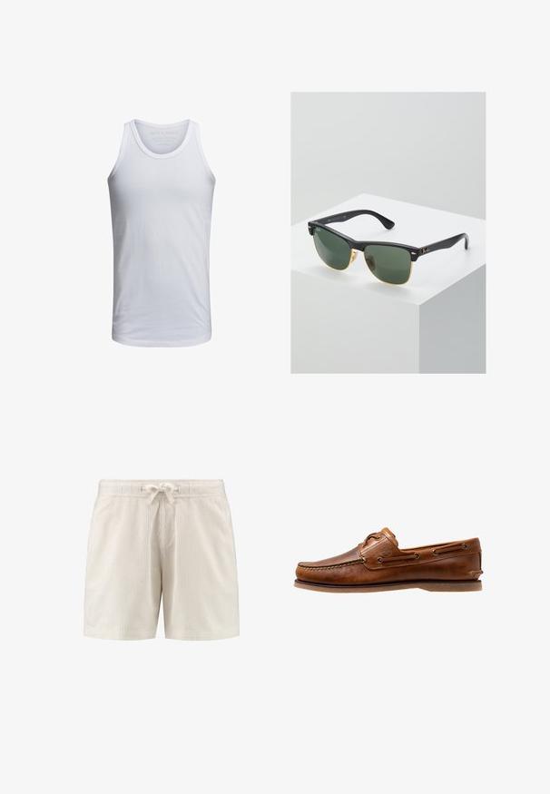 Witte katoenen tanktop met een ronde hals, brede schouderbanden en minimale branding binnen de kraag. Zachte textuur, casual pasvorm.; Beige geribde stoffen short met een elastische tailleband en een gestrikt trekkoord aan de voorzijde in het midden.; Brown leren botenschoen met gestikte accenten, voorzien van metalen oogjes, een verhoogde naad op de neus en een platte rubberen zool.; Ray-Ban zonnebrillen met groene lenzen, zwarte plastic monturen en gouden accenten aan de randen. Vierkante vorm met een matte afwerking.