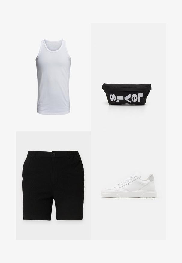 Weißes Baumwoll-Tanktop mit Rundhalsausschnitt, breiten Trägern und minimalem Branding, das innen am Kragen aufgedruckt ist. Weicher Stoff, lässige Passform.; Schwarze Shorts aus einem strukturierten Stoff, mit elastischem Bund und einem einzelnen Knopfverschluss. Für die Freizeit gestaltet, mit geradem Schnitt.; Weiße Leder-Sneaker mit glatter Oberfläche, rundem Zehenbereich, flachen Schnürsenkeln und strukturiertem Schuhsohlen. Graues Wildleder-Detail an der Ferse.; Schwarze Stofftasche mit flacher Form, mit fettgedrucktem weißen Text. Der Reißverschluss befindet sich oben, mit einer Schlaufe an einer Seite.