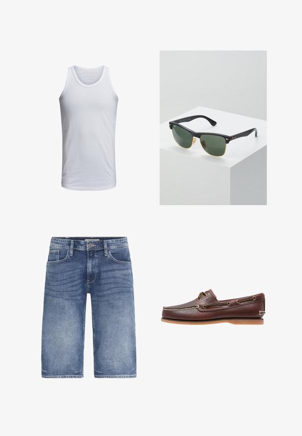 Débardeur en coton blanc avec un col rond, des bretelles larges et un marquage minimal imprimé à l'intérieur du col. Texture douce, coupe décontractée.; Shorts en denim bleu clair, avec une coupe classique, cinq poches, fermeture à bouton et un léger dégradé sur le tissu pour une texture.; Chaussure bateau en cuir marron avec coutures blanches, détails de lacets et semelle en caoutchouc beige, vue de côté sur fond blanc.; Lunettes de soleil Ray-Ban avec des verres verts, monture en plastique noir et accents dorés sur les bords. Forme carrée avec une finition mate.