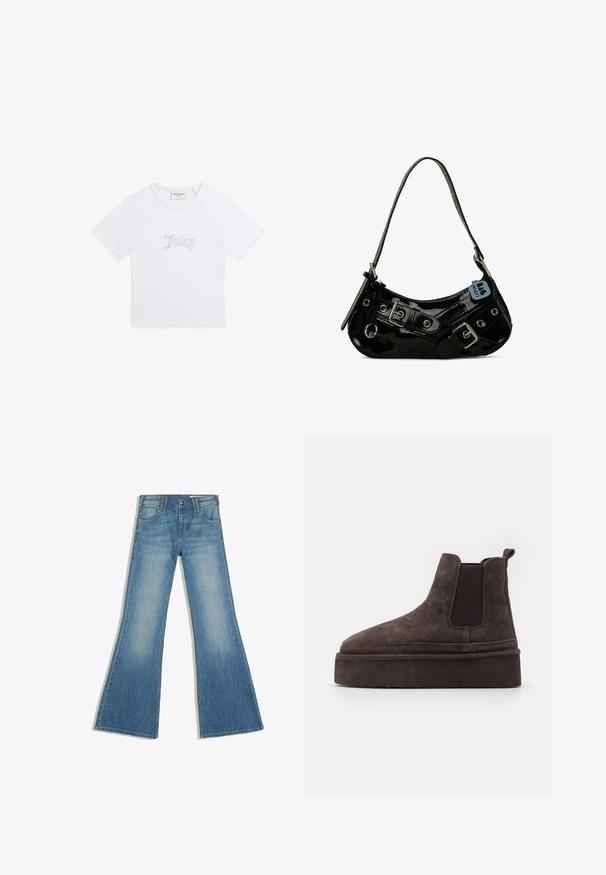 Weißes kurzärmeliges, bauchfreies T-Shirt mit "Juicy" aus Strasssteinen mittig auf der Vorderseite und rundem Ausschnitt.; Blaue Denim-Jeans mit ausgestelltem Bein, Vordertaschen und Knopfverschluss, gezeigt vor weißem Hintergrund.; Braune Wildleder Chelsea-Stiefel mit elastischen Seitenpaneelen und einer dicken, strukturierten Plattformsohle. Mit einem Ziehband an der Ferse für ein einfaches An- und Ausziehen.; Schwarze Lackleder-Handtasche mit geschwungener Form, ausgestattet mit silbernem Beschlag, dekorativen Schnallen und einem kurzen Griff. Blaue Anhängeschild befestigt.