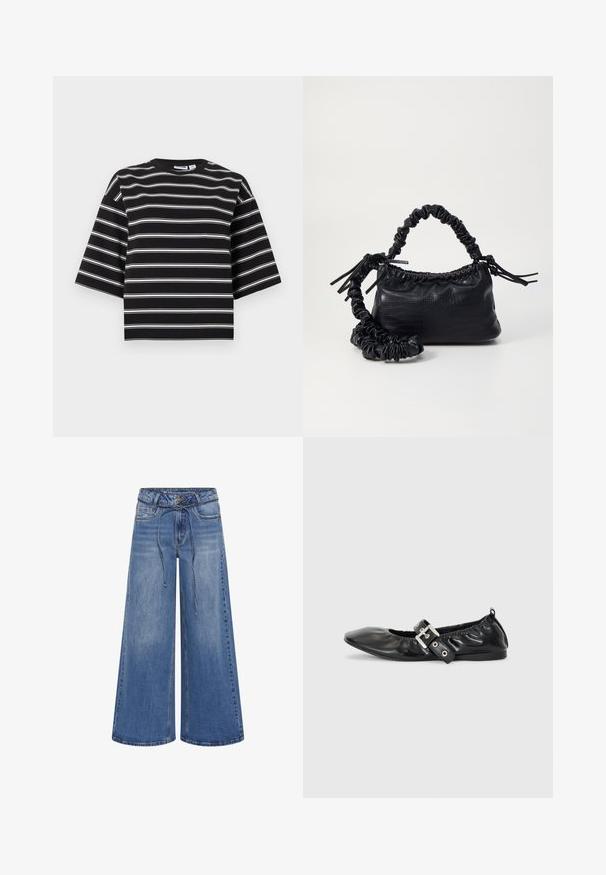 Schwarzes Kurzarmhemd mit weißen horizontalen Streifen und Rundhalsausschnitt, vor einem schlichten hellen Hintergrund dargestellt.; My Essential Wardrobe MWKARO 144 MID XWIDE - Wide Leg - medium blue wash; Schwarze Leder-Ballerinas mit spitzem Zehenbereich, gerafften Details am Schaft und einem silbernen Schnallenakzent am verstellbaren Riemen.; Schwarze Handtasche aus Kunstleder mit Krokodilstruktur, gerafftem oberen Teil und einem geschoppten Tragegurt. Sie wirkt weich und kompakt im Design.