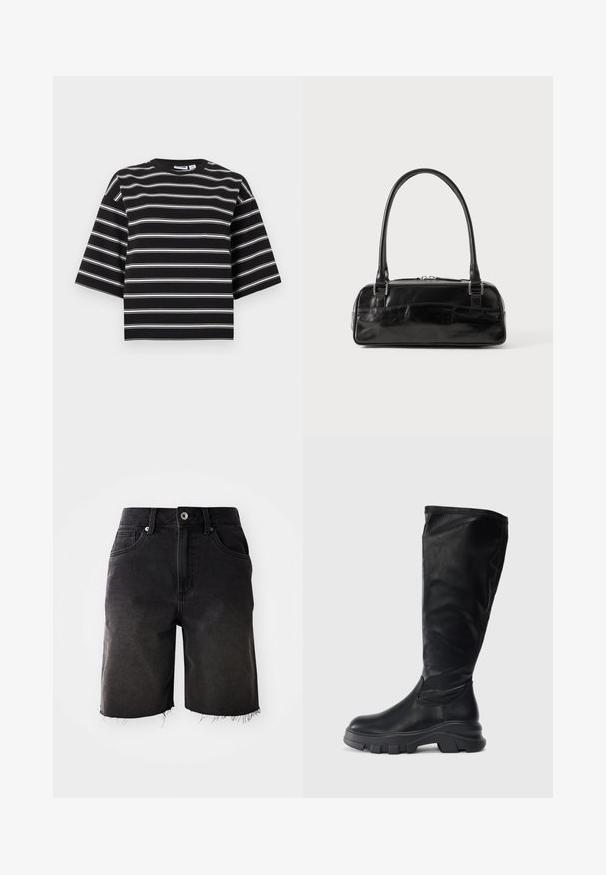 Sort kortærmet skjorte med hvide vandrette striber og rund halsudskæring, vist mod en ensartet lys baggrund.; Sorte denimshorts med en falmet vask, frynset kant, klassisk fem-lommer design og enkelt knaplukning. Tykke syninger som accentuerer hele shortsene.; Sorte knæhøje støvler lavet af glat læder, med en kraftig gummisål med struktureret greb og et strømlinet design.; Sort læderhåndtaske med rektangulær form, der har et enkelt struktureret håndtag, sølvhardware og lynlås-lukning. Glat tekstur.