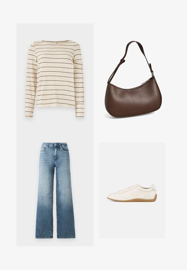 Beige langwerpige top met donkerbruine horizontale strepen, voorzien van een ronde hals en een zachte tekstuur. Eenvoudig en veelzijdig ontwerp.; Snijdemim jeans met wijde pijpen in een lichtblauwe wassing, voorzien van een hoge taille, vijf-pocketontwerp en subtiele vervaging op de stof. Klassieke metalen knoopsluiting.; Witte leren sneaker met een gladde textuur, ronde neus en tonale stiksels. Voorzien van een tankleurige rubberen zool en vetersluiting.; Kleine bruine leren schoudertas met verstelbare band en ritssluiting, getoond tegen een witte achtergrond. Geen zichtbaar merk of versieringen.