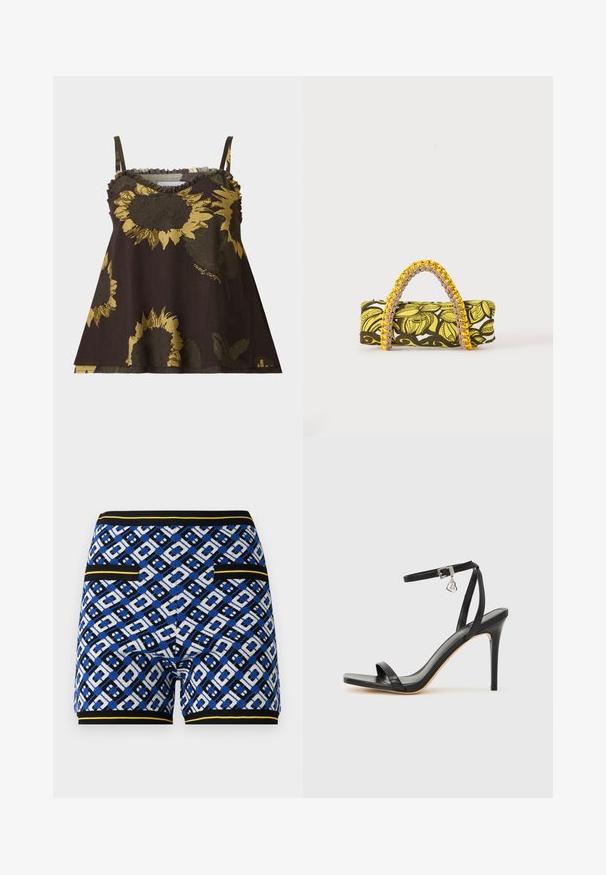 Braunes ärmelloses Oberteil mit gelben Sonnenblumenprints und dünnen Schulterriemen, mit gerafftem Ausschnitt und lockerem Schnitt.; Gestreifte Strickshorts mit einem blauen, schwarzen und weißen geometrischen Design, kontrastierenden gelben Akzenten und seitlichen Taschen.; Schwarze High-Heel-Sandale mit schmalem Knöchelriemen, quadratischer Zehenbox, glattem Leder und metallischem Schnallenakzent.; Rechteckige Tasche mit gelbem und schwarzem Blumenmuster und geflochtenem gelb-pinkem Griff auf weißem Hintergrund.