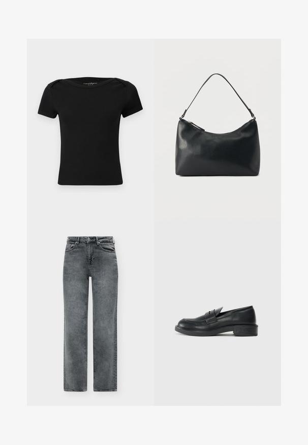 Sort, ribbet kortærmet tætsiddende top med bådformet halsudskæring og mærkat "Casual Elegance ONLY" indeni kraven.; Grå straight-leg cowboybukser med forlommer, bæltestropper og lukning med knap og lynlås.; Sorte læder loafers med rund tå, stikninger og en lille hæl. Glat tekstur og en fleksibel gummisål.; Sort skuldertaske i struktureret læder med buet toplynlås og enkelt justerbar rem mod ensfarvet baggrund.