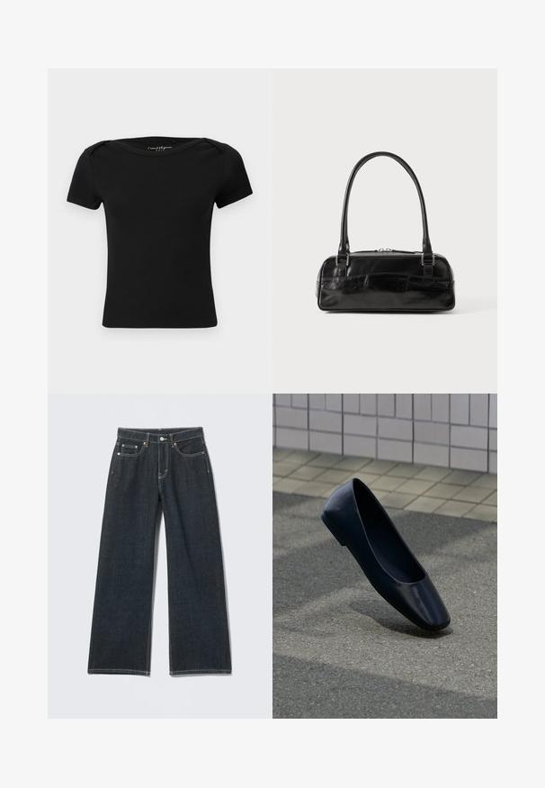 Must ribi lühikeste varrukatega kehasse istuv top paadikaelusega ja kaeluses sees silt "Casual Elegance ONLY".; Tumesinised laiade säärega teksad esikinnise, tõmbluku, vööaasa ja viie taskuga, ühtlasel heledal taustal.; Mustast nahast lamedapõhjaline king, mis seisab sirgelt asfaldipinnal plaaditud kõnnitee serva lähedal.; Must must beebkott, millel on ristkülikuline kuju, ühekordne tahke käepide, hõbedased detailid ja lukuga sulgemine. Sile tekstuur.