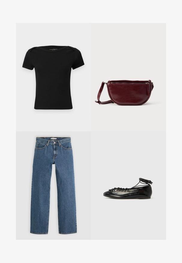 Sort, ribbet kortærmet tætsiddende top med bådformet halsudskæring og mærkat "Casual Elegance ONLY" indeni kraven.; Blå denim jeans med lige pasform, der har fem lommer, knaplukning og kontrastsyninger langs sømmene.; Sorte balletflade sko i laklæder med rundet tå, snørelukning og flad sål. Glat tekstur med få detaljer.; Vinrød læderhåndtaske med halvmåneform, lynlås og aftagelig rem. Glat tekstur med en subtil glans.