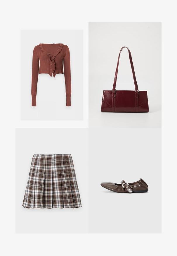 Ribbet langærmet cropped sweater i rustbrun med flæset V-udskæring og bindedetalje foran.; Brun og hvid ternet plisseret nederdel med en struktureret design og sprød tekstur, der har høj talje og flere lodrette folder.; Brun lakeret flad sko med spids tå, elastisk sløjfedetalje og en sølvspændeaccent på siden. Sort gummisål.; Bordeaux håndtaske lavet af glansfuldt materiale, rektangulær form, med to skulderremme og subtile buede detaljer på forsiden.