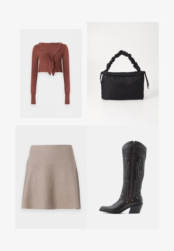 Ribbet langærmet cropped sweater i rustbrun med flæset V-udskæring og bindedetalje foran.; En beige, flagrende nederdel lavet af blødt stof med en glat tekstur og en ren kant. Enkel design uden synlige mønstre eller udsmykninger.; Brune læder cowboystøvler med flammebroderi, sidelukning med lynlås, sølvnitter, spids snude og lagdelt hæl.; Sort taske lavet af blødt, glat stof. Har et sammensnoet håndtag og en snørrelukning, med en rektangulær form og ingen synlig hardware.