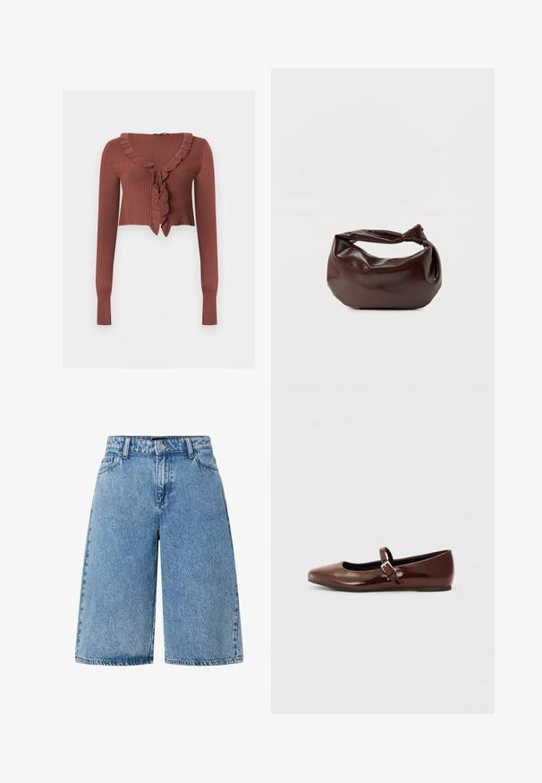 Ribbet langærmet cropped sweater i rustbrun med flæset V-udskæring og bindedetalje foran.; Lysblå denimshorts med en bred skæring, standard fem-lomme design og et struktureret stof med en falmet finish.; Brun patentlæder balletflade med firkantet tå og strop med en lille guldbuckle. Glat tekstur, lav hæl og minimalistisk design.; Mørkebrun læder skuldertaske med en blød, afslappet form og et snoet knudehåndtag på en ensartet hvid baggrund.