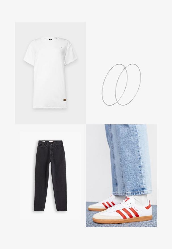 G-STAR LASH FEM LOOSE FIT - T-shirt basic - white; Zwarte denim jeans met een straight-leg ontwerp, voorzien van vijf zakken, sluiting met een knoop aan de voorkant en gestikte details langs de naden.; Witte leren sneakers met rode strepen en accenten. Voorzien van een getextureerde gumrubberen outsole en een gevoerde kraag. Draag ze met lichtblauwe denim.; Zilveren hoepel oorbellen met een minimalistisch ontwerp. Cirkelvormig, gladde textuur en dun profiel. Lichtgewicht met een gepolijste afwerking.