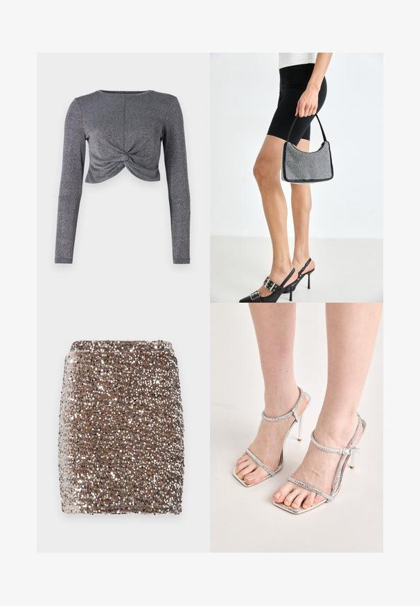 Hõbedane pikakä sleeves cropped top, millel on keeratud esitlussuurus, esitades tekstuuriga, sädelevat kangast, mis lisab sära ja mõõtmeid.; Pruunist litridest miniseelik, millel on toetav disain ja mis on kaetud peegelduvate hõbedaste litritega, luues tekstuurse ja sädeleva efekti.; Jalad kõrged hõbedased kontsakingad, millel on õhukesed rihmad ja ruudukujulised varbad, seisavad heleda pinnal.; Mustmust mustraha mustone, millel on kõver siluett, kandmisvõime ja läikiv tekstuur. Kandmine kõrgete kontsadega mustade kingade ja istuvate mustade lühikesed pükstega.