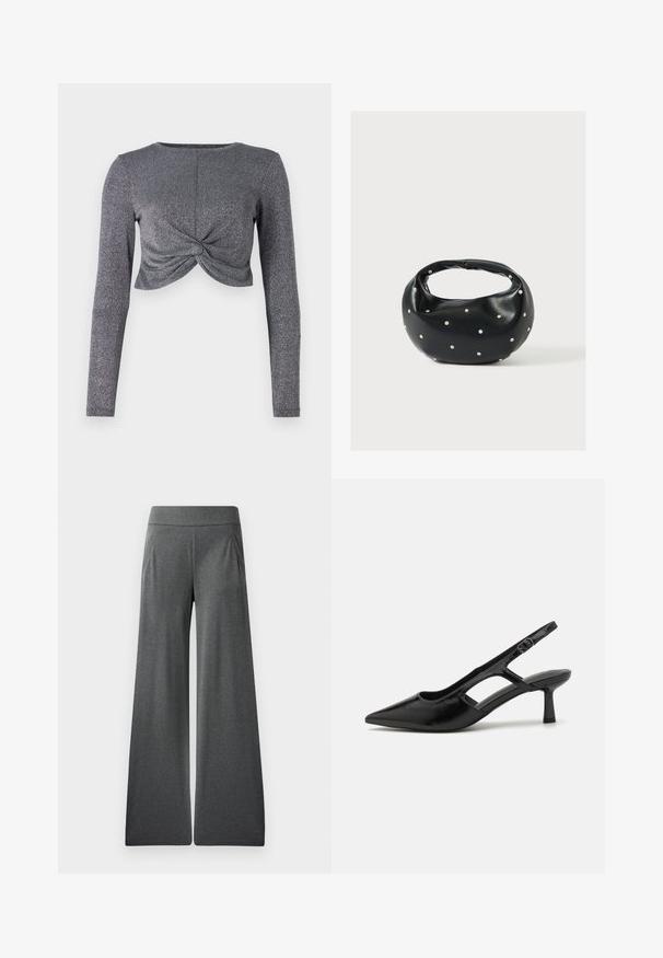Sølv langærmet cropped top med snoet frontdesign, der har et struktureret, glitrende stof for ekstra glans og dimension.; Grå vide bukser med flad talje, folder foran og en glat tekstur, designet til komfort og bevægelsesfrihed.; Sorte slingback hæle med spidse tæer, lavet af blankt materiale, med udskæringsdetaljer og en moderat hæl for støtte.; Sort læderhåndtaske med en rundet form, dekoreret med sølvnitter, og et kort håndtag. Glat tekstur og lynlåslukning.