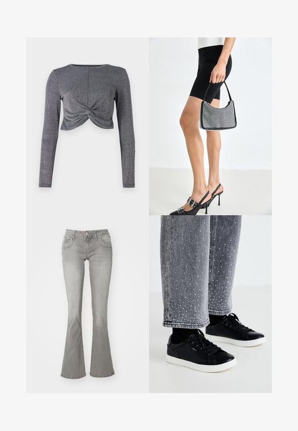 Zilveren lange mouwen cropped top met gedraaide voorkant, voorzien van een textuur met glinsterende stof voor extra glans en dimensie.; Grijze flared jeans met een middelhoge taille, voorkzakken en een knoopsluiting, gemaakt van denim stof met een gladde structuur.; Zwarte leren sneakers met witte rubberen zolen en textuuraccenten. Gecombineerd met grijze denim spijkerbroeken versierd met geborduurde zilveren stippen.; Zwarte beaded handtas met een gebogen silhouet, draaghandvat en glanzende textuur. Draagt bij hoge zwarte hakken en strakke zwarte shorts.