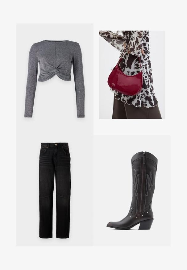 Hõbedane pikakä sleeves cropped top, millel on keeratud esitlussuurus, esitades tekstuuriga, sädelevat kangast, mis lisab sära ja mõõtmeid.; Mustad teksad sirge lõikega, viis taskut, nupuga kinnitamine ning õrn pleekinud detailimine reisil ja põlvedel.; Pruunid nahast kootsasaapad leegitikkimisega, küljes lukk, hõbedased naelad, terav nina ja paks konts.; Naine, kes kannab must-valget mustriga pluusi ja hoiab läikivat punast õlakotti ühevärvilise tausta ees.