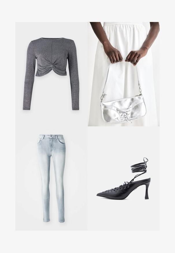 Zilveren lange mouwen cropped top met gedraaide voorkant, voorzien van een textuur met glinsterende stof voor extra glans en dimensie.; Lichtblauwe skinny jeans van denim, met een hoge taille, vijf zakken en subtiele vervaging langs de dijen. Verweerd zoomdetail.; Zwarte pumps met puntige neus, hoge hak, en een enkelbandje dat om de enkel wikkelt, voorzien van meerdere oogjes voor veters aan de voorkant.; Zilveren metalen handtas met vetersluiting, met een strak ontwerp en een korte schouderriem. De tas wordt vastgehouden in de handen, waardoor de textuur goed tot zijn recht komt.