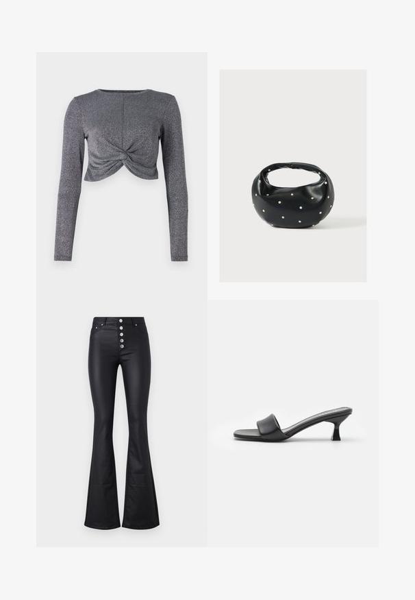 Top court à manches longues argenté avec un design en avant torsadé, présentant un tissu texturé et pailleté pour plus d'éclat et de dimension.; Pantalons noirs évasés en matériau lisse et extensible avec une taille haute et cinq boutons métalliques à l'avant. Comprend deux poches latérales.; Mules noires à talons avec une tige en cuir lisse et mat, orteils ouverts, large sangle sur le cou-de-pied et talon carré fin.; Sac à main en cuir noir de forme arrondie, décoré de clous argentés et équipé d'une poignée courte. Texture lisse et fermeture éclair.
